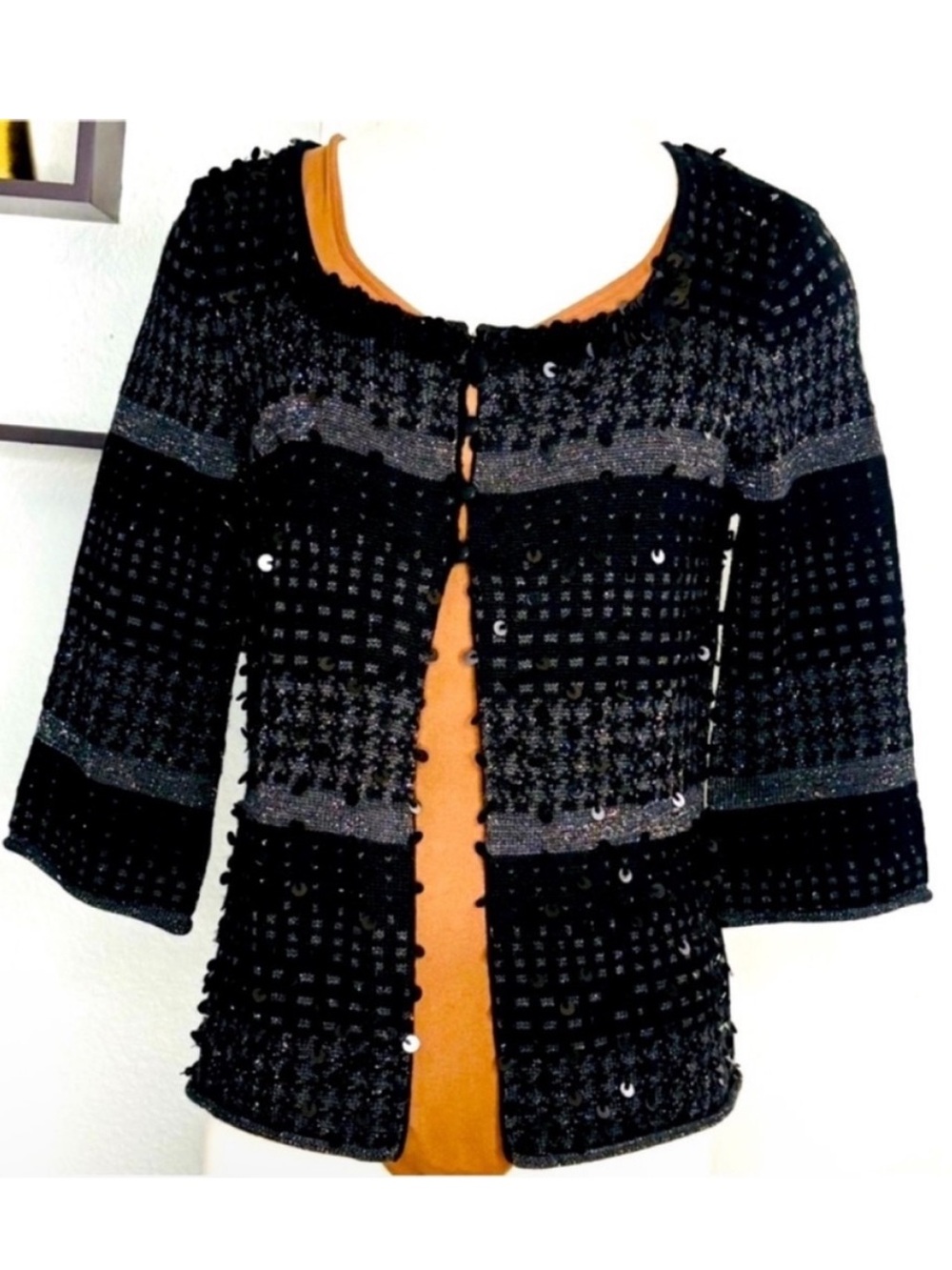 Teri Jon Black Textured Sequin Open-Front Wool Blend Cardigan Sz M